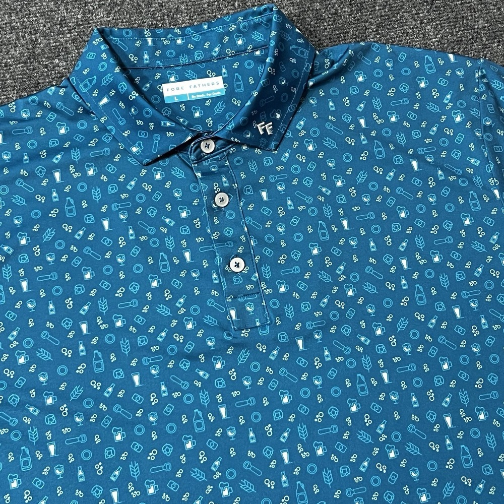 Fore Fathers AOP Polo Shirt Mens Large Blue Beer All Over Print Golf
